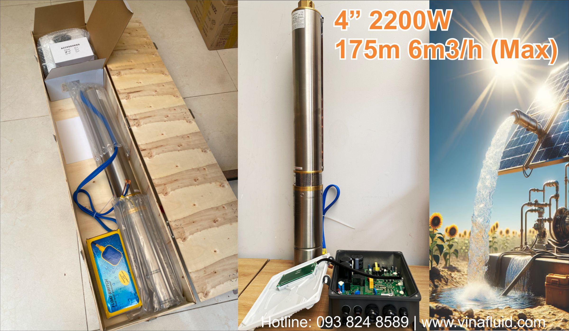 Bơm chìm giếng khoan NLMT DC 4 inch 2200W 175m 6m3/h tối đa