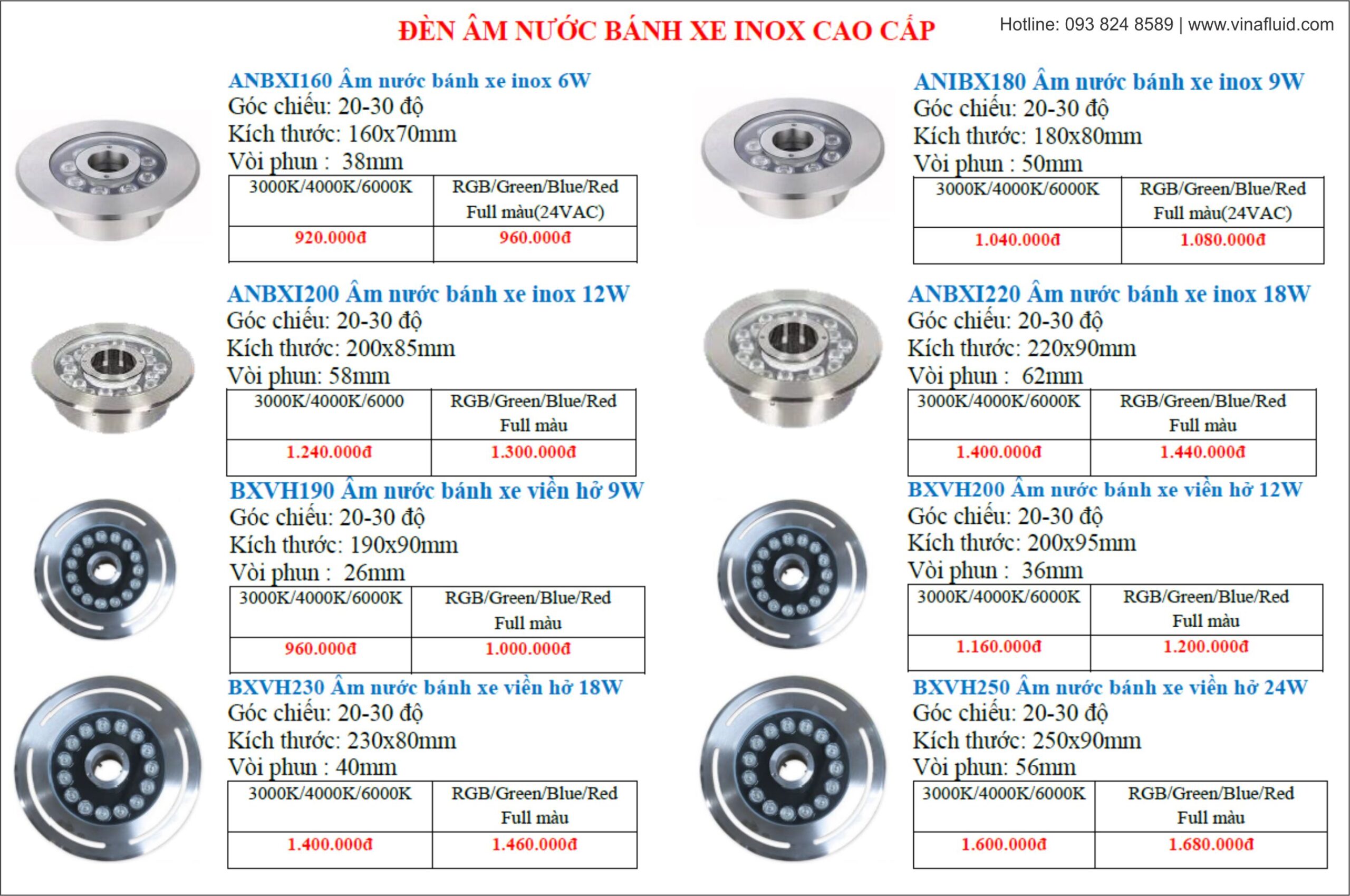Giá đèn LED âm nước bánh xe INOX 1 màu và đổi màu RGB